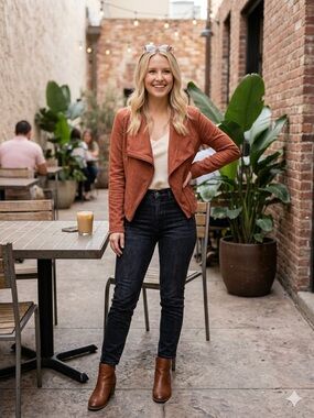 Mod Ref Rust Suede Moto Jacket with Black High-Rise Skinny Jeans